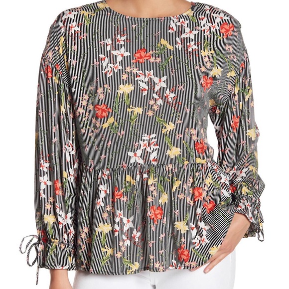 Pleione Tops - Pleione Floral Bow Sleeve Peplum Top